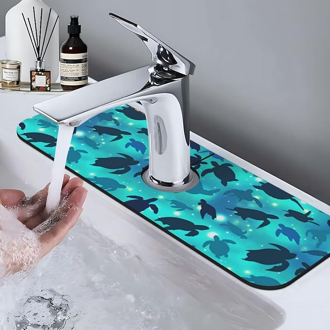 Faucet Draining Mat For Kitchen Sink, Sea Turtles Blue Diatom Mud Absorbent Drain Pad For Bathroom Kitchen Sink Splash Guard Drying Mat