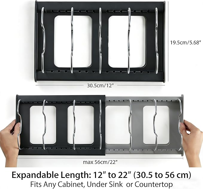 Pots and Pans Organizer for Cabinet Expandable12~22" Pot Lids Organizer Holder with 7 Adjustable Dividers Space-Saving Kitchen Organization Rack for Baking Pans, Cookware & Cutting Boards