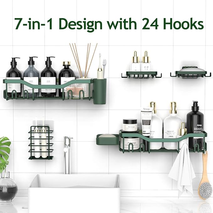 Shower Caddy Adhesive Shower Organizer 7-Pack, Rustproof Stainless Steel Bathroom Shelves, Large Capacity No-Drill Rack Storage Accessories with Soap Dish Toothbrush Holder Hooks