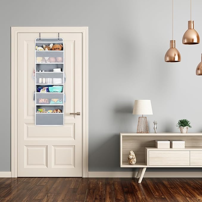 Univivi 4-Shelf Door Hanging Organizer Baby Door Storage Wall Mount Storage with 4 Large Pockets and 4 Side Mesh Pockets for Baby Stuff, Toiletries and Sundries