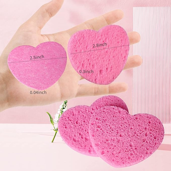 100-Count Compressed Facial Sponges for Estheticians Heart Shape Natural Cellulose Sponge Professional Cosmetic Spa Sponges for Face Cleansing, Massage, Pore Exfoliating, Mask, Makeup Removal, Pink