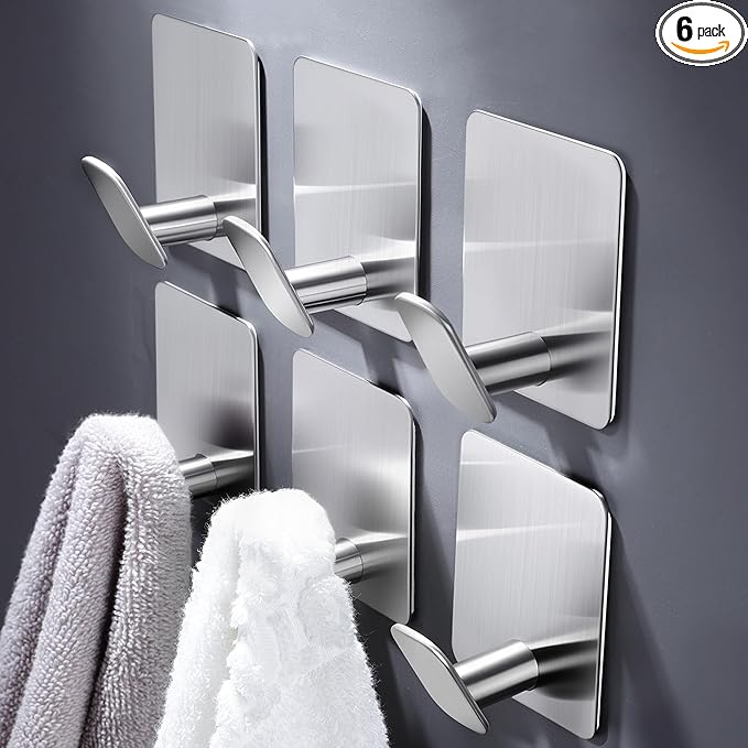 DELITON Sticky Hooks for Hanging Adhesive, Silver Wall Hooks for Bathroom Kitchen Office Stainless Steel Heavy Duty No Damage, Brushed Nickel, 6 Pack