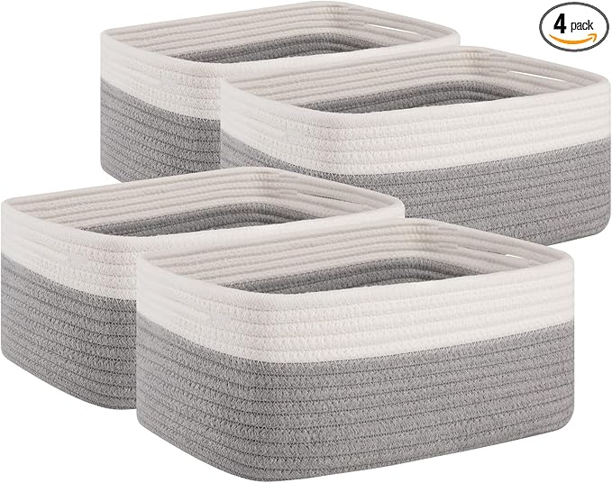 OIAHOMY 4 Pack Storage Baskets for Organizing, Small Bins for Shelves, Cute Decorative Storage Bins, Organizer Baskets for Gifts Empty, 14.2''Lx11''Wx6.3'H, Grey/White