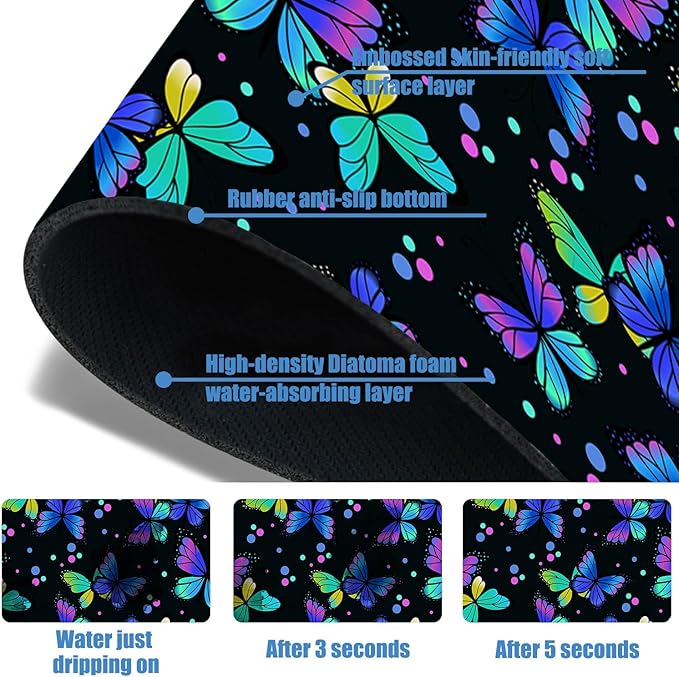 Sink Faucet Absorbing Mat Colourful Butterflies Sink Splash Guard Drying Mat for Kitchen Bathroom Faucet Sinkmat 23.5"X5.5"