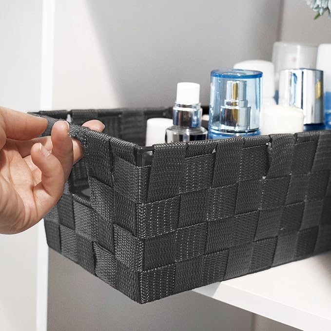 homyfort Storage Baskets for Organizing, Woven Organizer Baskets for Shelves, Small Strap Shelf Baskets for Bathroom Storage, Grey, Set of 4