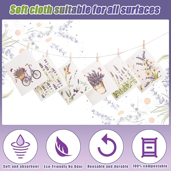 6 Pcs Swedish Kitchen Dish Towels Kitchen Cloths Reusable Sponge Cleaning Cloths Absorbent Dish Cloth Quick Drying Washable Cleaning Wipes No Odor Hand Towel (Lavender)