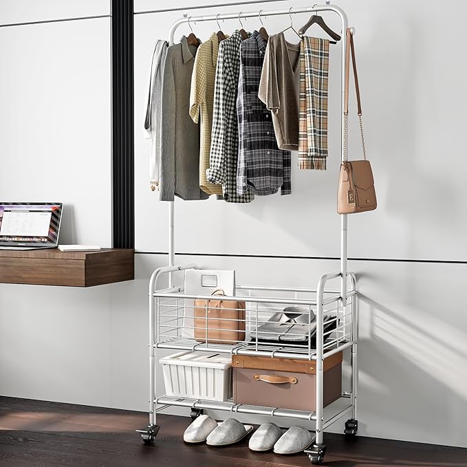 SUOERNUO Laundry Cart with Hanging Rack Rolling Laundry Hamper Sorter with Wheels Shelf,Grey