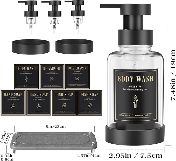 Luxspire Foaming Soap Dispenser, Non-Slip Hand Soap Dispenser with Fast Drying Tray, 15oz Glass Refillable Liquid Bottle for Bathroom & Kitchen, 2 Pack, Transparent + Dark Gray