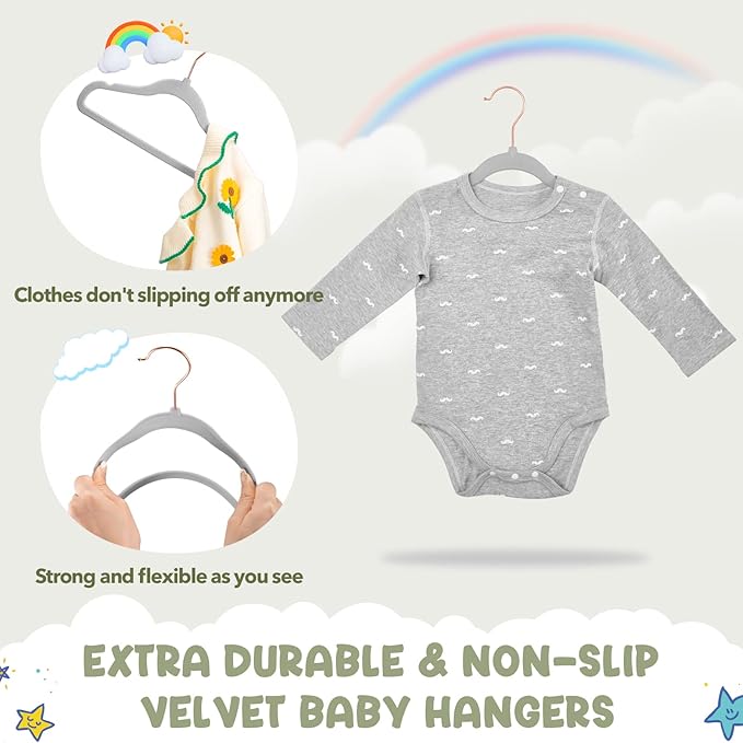 HOUSE DAY Velvet Baby Hangers for Closet, Kids Hangers Velvet 60 Pack, Non Slip Toddler Hanger 11.8 Inch, Durable Childrens Hanger for Newborn Baby Clothes- Gray