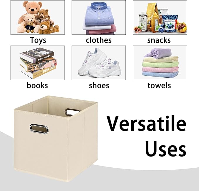 Black Foldable Storage Cubes Bins , Fabric Storage Box Cubes Organizer Baskets with Dual Handles for Home Organizer(Creamy-White)