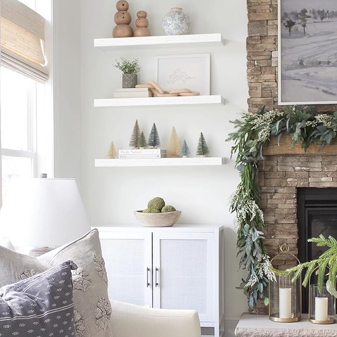 QEEIG Floating Shelves for Wall 23.6" Long - Wall Mounted Shelf Bathroom Kitchen Living Room Bedroom Farmhouse Home Decor Display Bookshelf Large 23.6 x 9.3 inch Set of 2, White (008-60W)