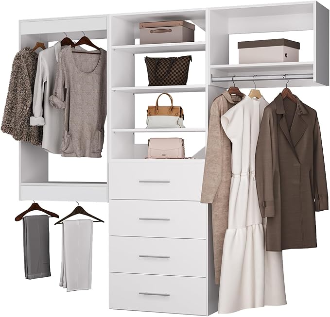 ROOMTEC Modular Closet System, 90" Wall Mounted Closet Organizer with Hanging Rods and Drawers, Modern Wooden Tower for Walk-In Closets, Wardrobe Storage Kit, White