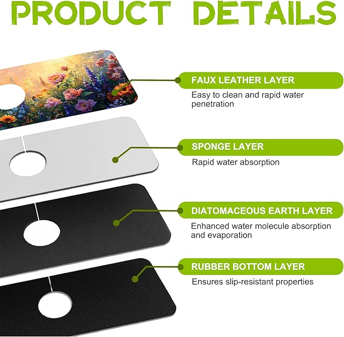 Kitchen Sink Splash Flowers Bees in the Garden Guard Faucet Mat Super Absorbent Fast Drying Mat Guard Behind Faucet Drip Catcher for Kitchen Bathroom, 15.5"X5.5"