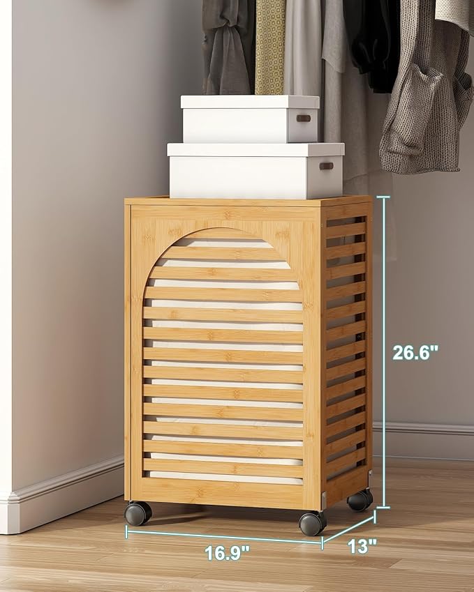 Laundry Hamper with Wheels, Laundry Basket with Lid, 22.5Gallon (85L) Bamboo Wood Clothes Laundry Hamper 2 Section with Handles, Removable Liner