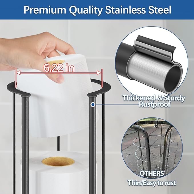 Gypie New Upgrade Free Standing Toilet Paper Storage Holder Stand, Heavy Duty 304 Stainless Steel Base, 3 Roll Capacity Toilet Paper Roll Holder for Bathroom Organization