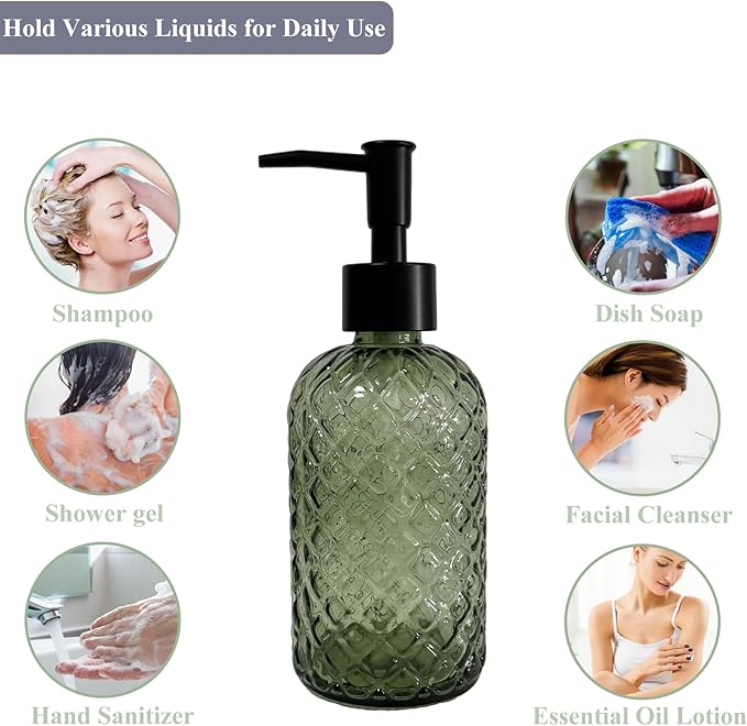 Green Glass Soap Dispenser with Black Pump, 13.5oz Liquid Hand Soap Dispenser Set, Dish Soap Lotion Dispenser for Modern Home Decor, Bathroom, Kitchen Countertop, Hotel