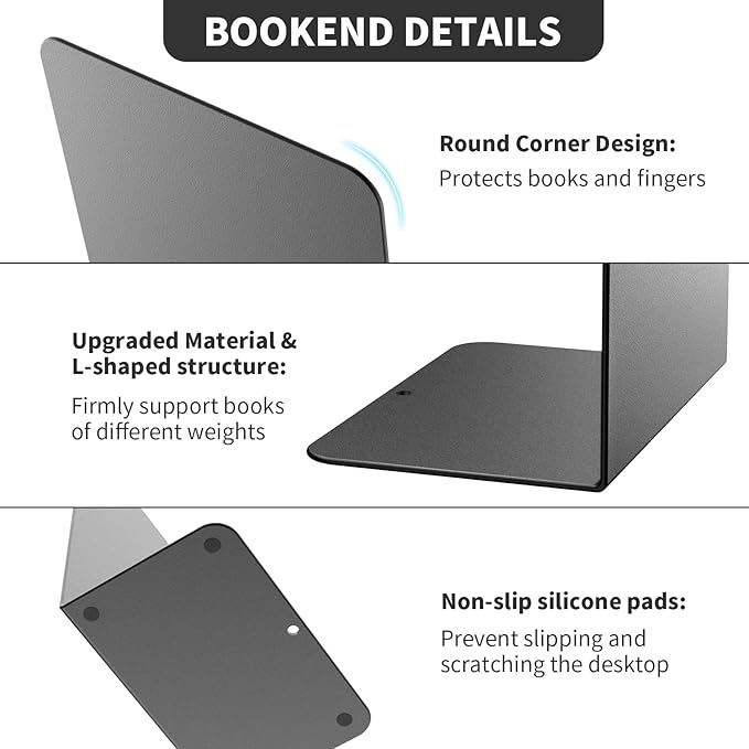 Book Ends, 2 Pieces Metal Bookend for Shelves, Bookends for Heavy Books, Book Holders for Shelves, Desk Organizers, Book Dividers for Office, School, Bookstore, Home