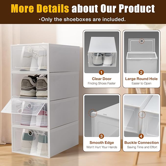 24 Pack Shoe Storage Boxes, Clear Plastic Stackable Shoe Organizer, Foldable Shoe Rack, Angel White | Space-Saving Home & Office Organizatio