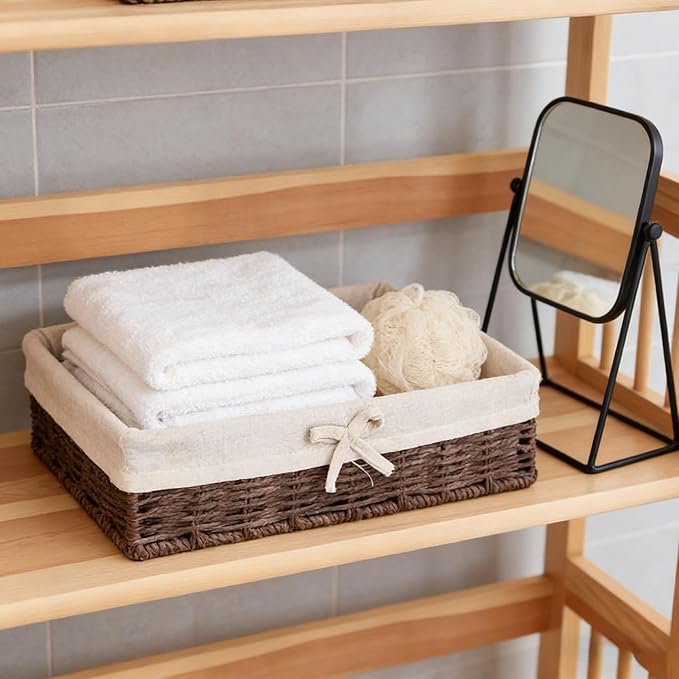Set of 4 Storage Baskets for Shelves – Dark Brown Paper Rope, Fabric Lined Handwoven Shallow Rectangle Baskets, Decorative Bathroom Counter & Dresser Organizer Bins