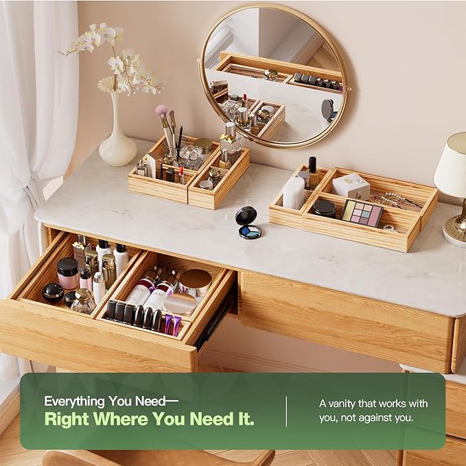 9-Pack Solid Wood Drawer Organizer, Modular Junk Drawer Organizer with Non-Slip Pad, Multi-Use Storage for Kitchen Office Bedroom Dresser for Utensil Stationery Makeup Stationery Tea & Coffee Pod