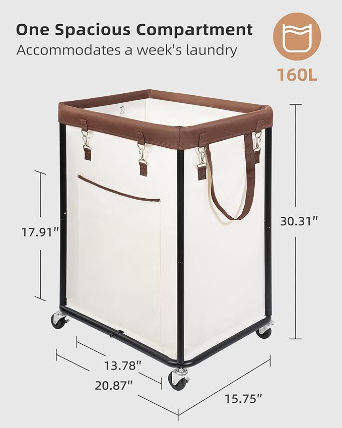 STORAGE MANIAC Large Laundry Basket with Wheels 160L Rolling Laundry Hamper Laundry Cart with Metal Frame and Removable Bag, Clothes Hamper for Bedroom, Bathroom, Dorm Room, Laundry Room, Beige