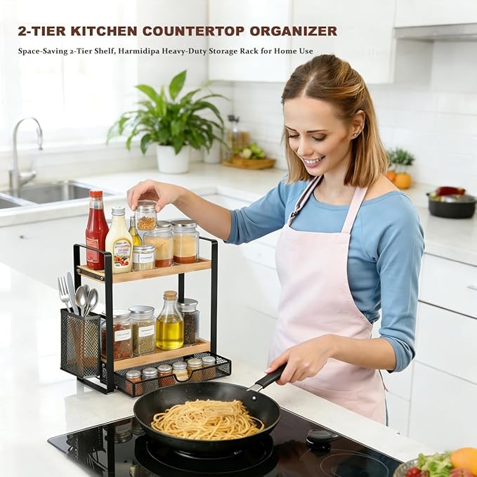 2 Tier Spice Rack Organizer for Countertop with Drawer and Basket, Suitable for Coffee Organizer, Kitchen Counter Storage, Bathroom Storage