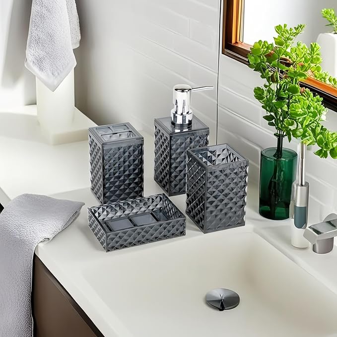 Bathroom Accessories Set, 4 PCS Grey Bathroom Accessory Sets Complete, Diamond Pattern Soap Dispenser and Toothbrush Holder Set,Boho Bathroom Decor, Dark Grey Bathroom Sets Accessories