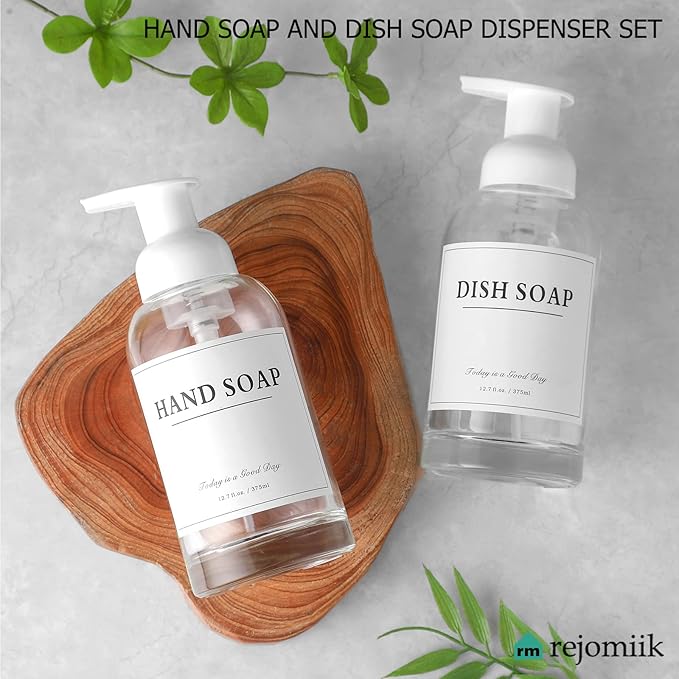 rejomiik 2 Pack Foaming Soap Dispenser Thick Glass Foam Hand Soap Dispenser for Bathroom or Kitchen Sink, 13 oz Clear Pump Bottles for Hand soap, Body Wash, White