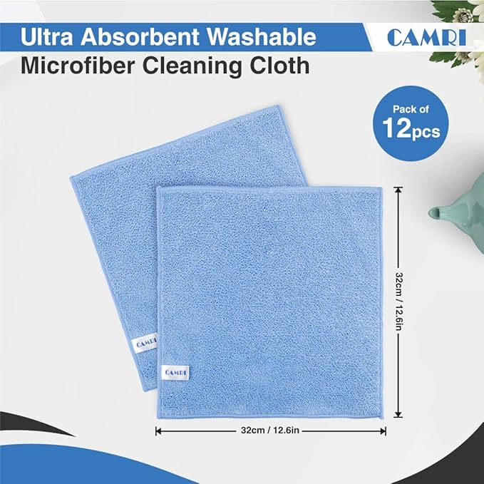 CAMRI Microfiber Towel Cleaning Cloth – Pack of 12, Size 12.6” x 12.6”, Blue, Lint Free, Super Absorbent, Streak Free, Washable, Multipurpose Cleaning Rags for Kitchen, Glass, Car, Mirror