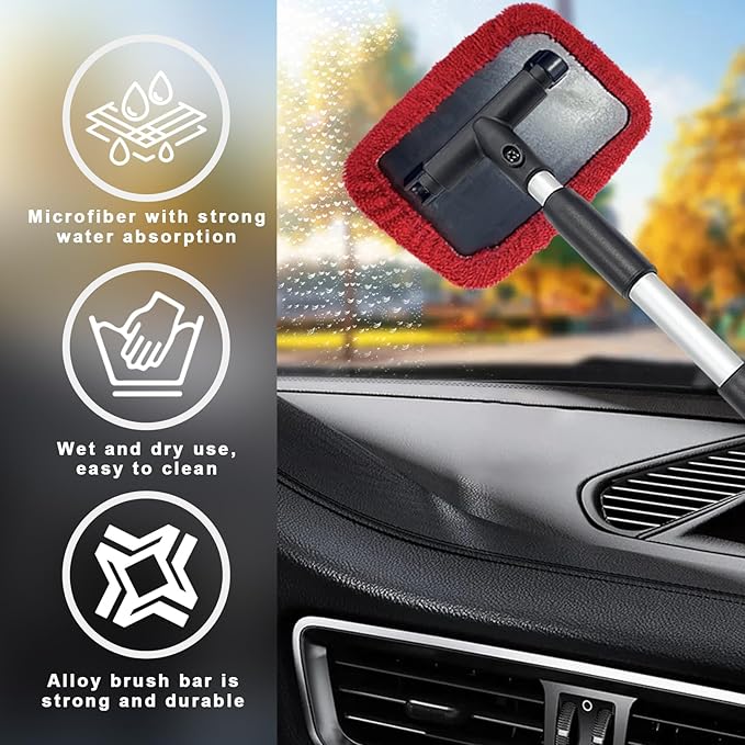 Ziciner Car Windshield Cleaner, Microfiber Auto Cleaning Wiper with Aluminum Extendable Handle and 2 Washable Reusable Cloth Pad Head, Universal Vehicle Interior Exterior Cleaner Kit (Red-Rectangle)