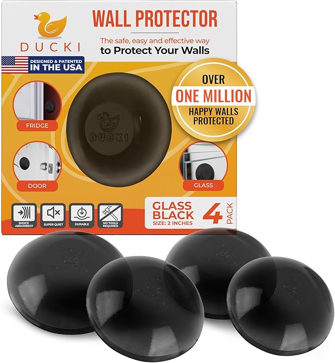 Ducki Wall Protectors - 4 Black Glass - Self Adhesive, Reusable Solution for Stopping Wall Damage & Noise from Doors, Refrigerator & More in Your Home & Office - Durable, Shock Absorbent, Discreet