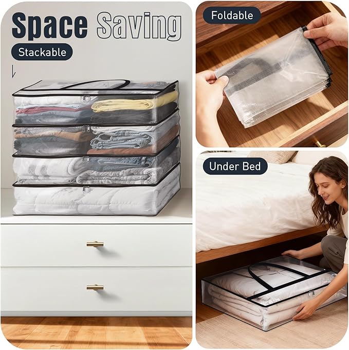 Clear Under Bed Storage Containers - 6 Pack Large Capacity Clothes Storage Bags with Lid & Sturdy Handles, Foldable Moving Bags, Clothing Organizer Totes for Bedding, Comforter, Sheet（40 L）