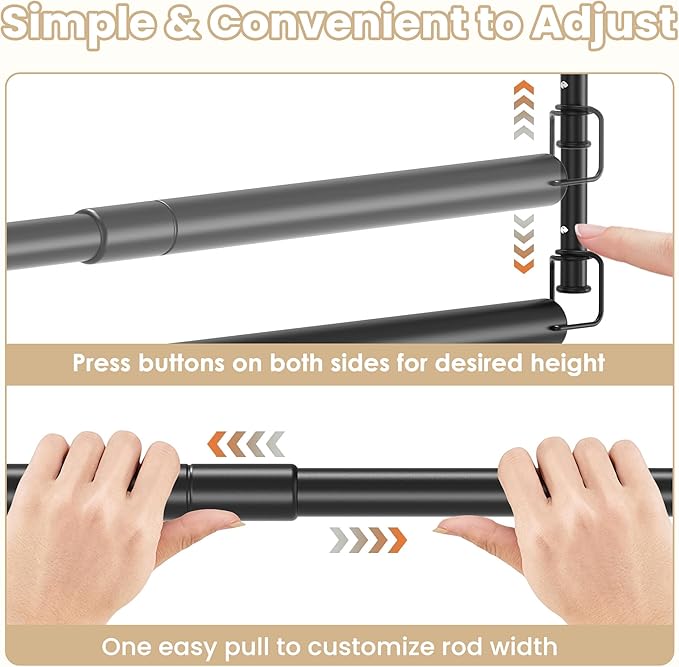 Stepless Extender Closet Hanging Rod - Heavy Duty Closet Rods for Hanging Clothes, Adjustable Width & Height, Space-Saving Matte Black Closet Organizer for Hanging & Drying, Easy to Install