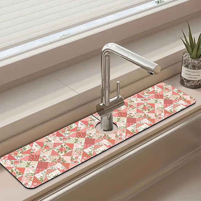 Sink Splash Guard Faucet Mat Roses and Butterflies Absorbent Fast Drying Mat Sink Gadgets Splash Guard Behind Faucet Drip Catcher for Kitchen Bathroom 23.5"X5.5"