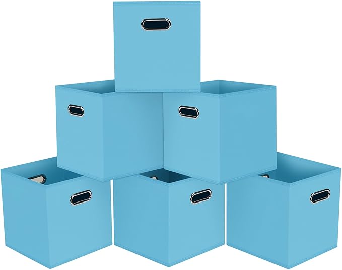 Black Foldable Storage Cubes Bins, Fabric Storage Box Cubes Organizer Baskets with Dual Handles for Home Organizer,Set of 6,(Blue)