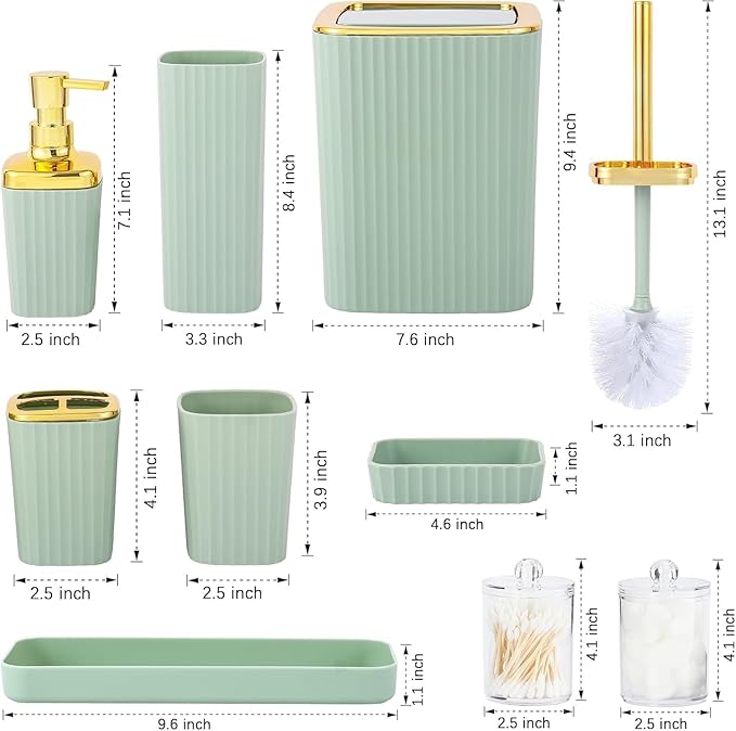 LightGreen Bathroom Set, 23 PCS Bathroom Accessories Set with Shower Curtains, Trash Can, Toothbrush Holder, Soap Dispensers, Toothbrush Cup, Vanity Tray, Soap Dish, Toilet Brush, Qtip Holders