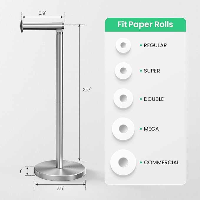 Cesun Toilet Paper Holder Stand Free Standing, Sliver Toilet Paper Storage with Heavy Weighted Base, Bathroom Stainless Steel Toilet Paper Roll Holder, Non-Slip, Sliver