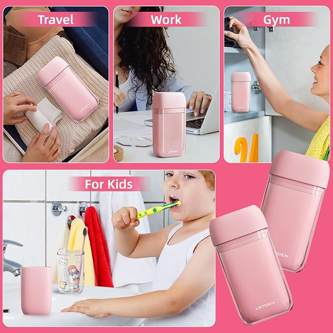 Travel Toothbrush Set, Portable Travel Wash Cup with Foldable Toothbrush, Small Toothbrushes Case Holder with Cover, Lightweight Mini for Hiking, Business Trip (Pink)