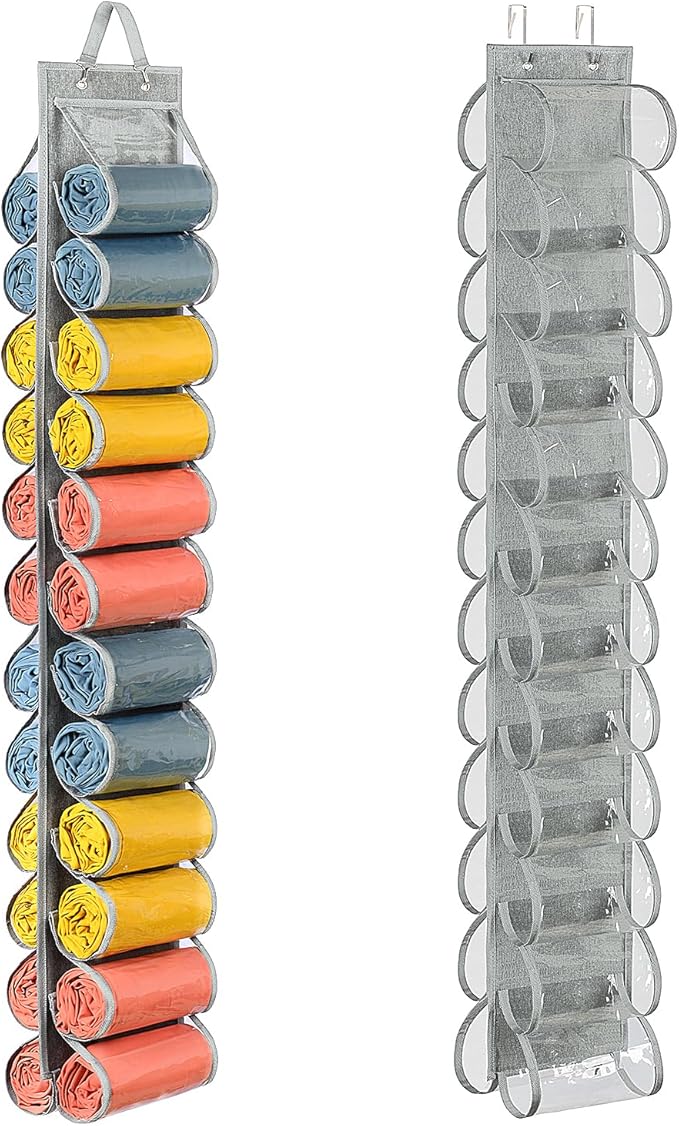 Lirex Scarf Storage Organizer with 24 Pockets, Yoga Legging Storage Organizer for Family Closet Bedroom, Light Grey