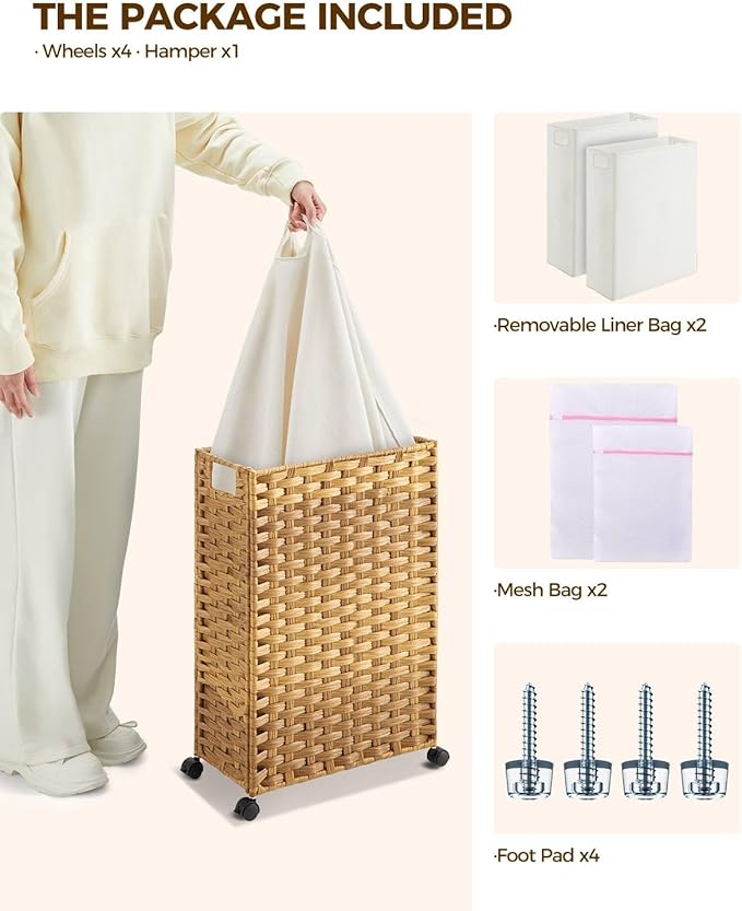 Greenstell Laundry Hamper with Wheels, 11.9 Gallon (45L) Small Clothes Hamper with 2 Removable Liner Bags & 2 Mesh Bags, Slim Rattan Laundry Basket for Bathroom, Bedroom, Natural