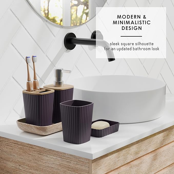 Clara Clark Bathroom Accessories Set - Bathroom Set, Bathroom Sets with Shower Curtain and Rugs, Shower Curtain Set with Trash Can - Purple - 22PC