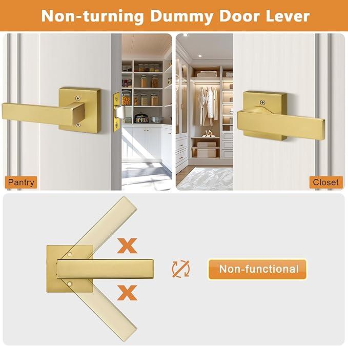 Probrico Brushed Gold Dummy Door Handle Interior Door Levers Square Single Non-Turning Satin Brass Door Handles Hardware for French Door, 4 Pack