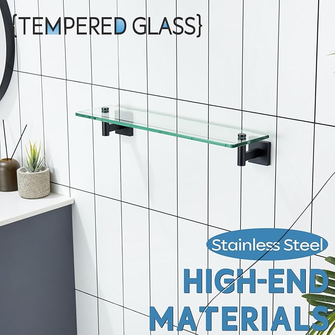 KOKOSIRI Bathroom Shelves Glass Floating Shelf 20-Inch for Bedroom Living Room Kitchen Hanging Rack Rustproof Wall Mounted Black 2 Pack B1105BK-L20-P2