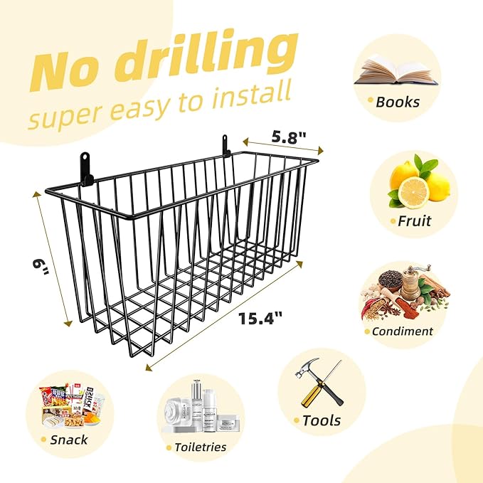 Simple Trending 6 Pack Wire Basket Wall Mount Baskets Hanging Baskets, Cabinets Organizer and Storage with Hooks for Kitchen, Garage and Bathroom
