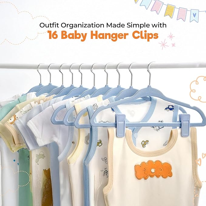 Velvet Baby Hangers with Clips (30 Pack) | 11” Ultra-Slim Baby Clothes Hangers | Non-Slip Felt | Space-Saving Nursery & Infant Closet Organizer | Blue