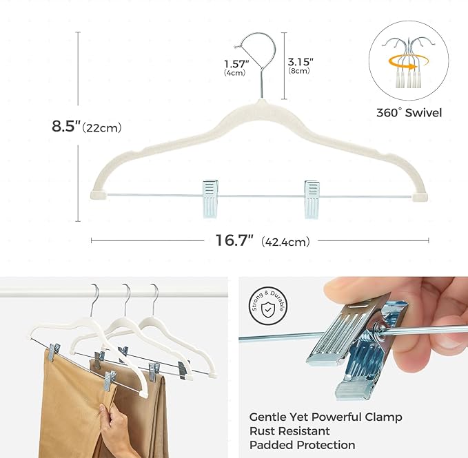 HOUSE DAY Velvet Hangers with Adjustable Clips 20 Pack, Non-Slip Suit Organizer with 360° Hook - Heavy Duty Hanger for Pants, Skirts, Blouses, Dresses - Outfit Hangers All-Season Space Saver (Ivory)