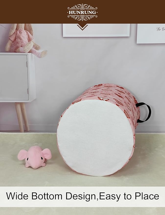 HUNRUNG Laundry Hamper,Large Canvas Fabric Lightweight Storage Basket Toy Organizer Dirty Clothes Collapsible Waterproof for College Dorms（Round-Pink Love Heart）