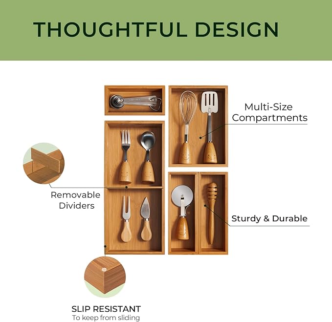 5-Piece Bamboo Drawer Organizer Set, 2.2" Deep Multi-Use Organizers for Utensils, Silverware, Cutlery, Desk, Bathroom, Junk Drawer & Makeup, Non-Slip Feet Included.