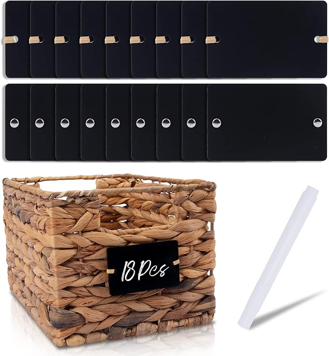 Temlum 18 Pcs Acrylic Basket Labels, Storage Tags with Chalk Marker Removable Label for Wire, Wicker, Woven Baskets & Pantry Storage (Rectangle, Black)