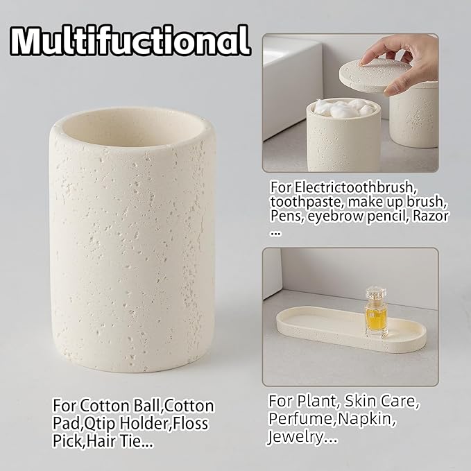 Bathroom Accessories Set, Travertine Stone-Look, 6 PCS Bathroom Accessory Set with Soap Dispenser, Toothbrush Holder, Tumbler, Vanity Tray, Cotton Swab Jars for Countertop (Off White 6 PCS)